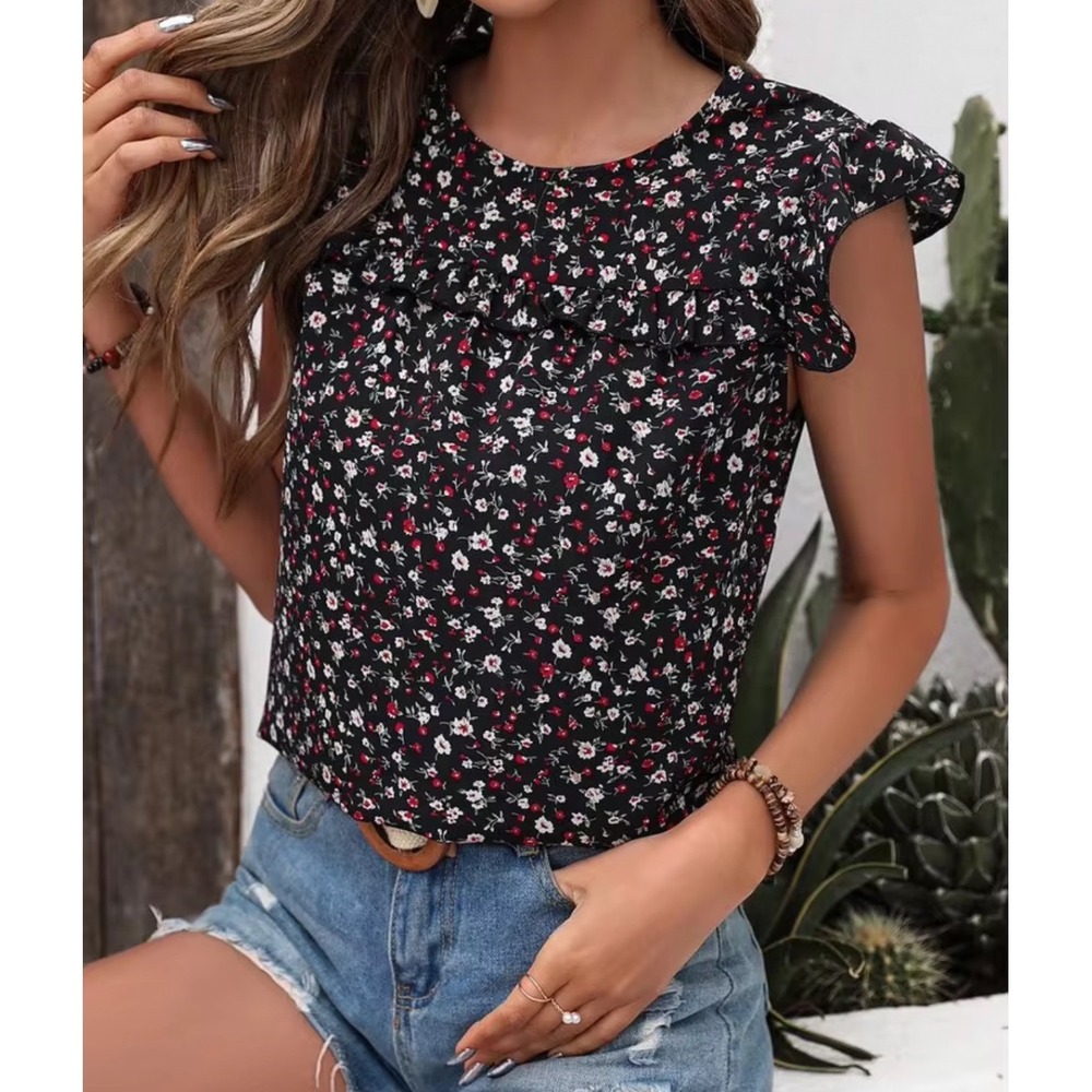 Sason Womens Blouse Size XL Ditsy Floral Black Ruffle Cap Sleeve Top Bohemian